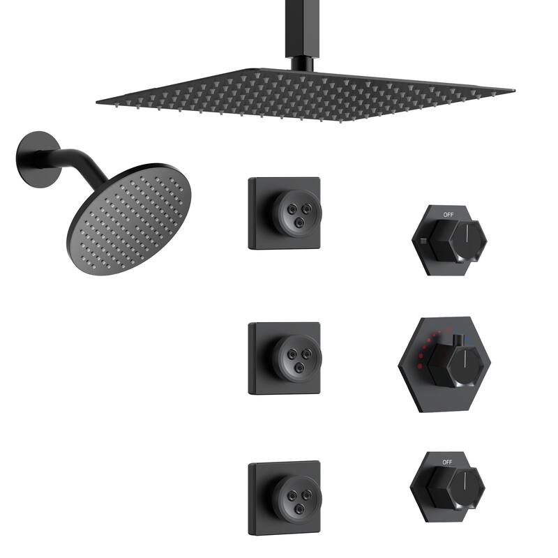 Dual Shower Head 12" Rainfall & High Pressure 6" Shower System w/ 3 Way Thermostatic Faucet,3